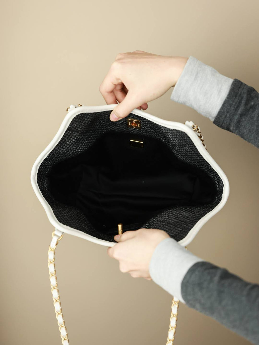 CHANEL Maxi Shopping Bag Braided Raffia Calfskin Gold-tone Metal Dark Beige Black #376633