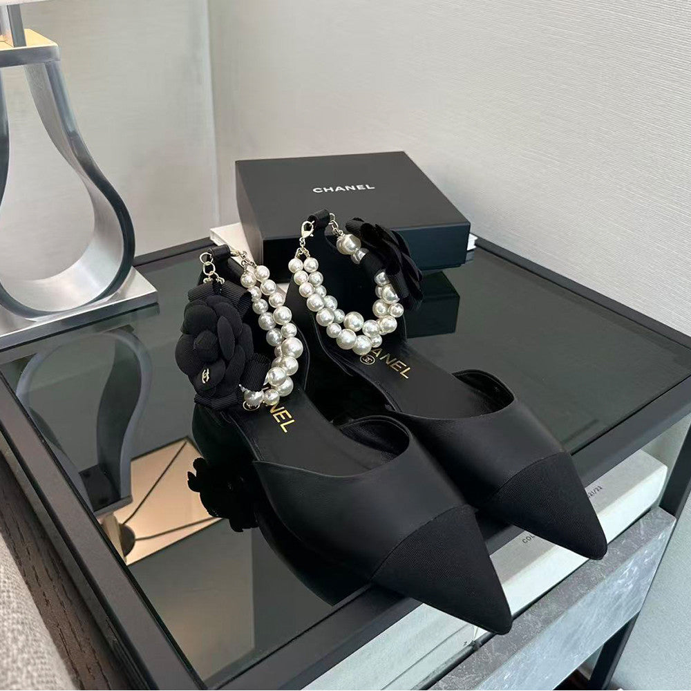 Chanel 25K Genuine Leather Pointed Toe Flat Shoes Pearl Chain Fashionable and Comfortable Color Block Women's Shoes #332404