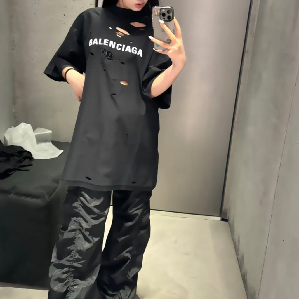 Balenciaga Men's Women's Summer Black Retro Torn High Street Large Silhouette Letter Logo Short Sleeve T Shirt #99292