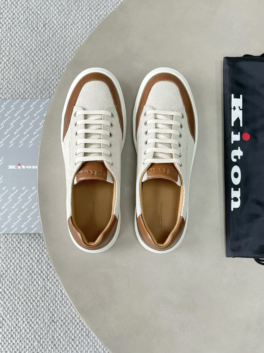 Kiton Men's Four Seasons Colour Block Canvas Leather Low Top Flat Lace Up Casual Shoes #76987