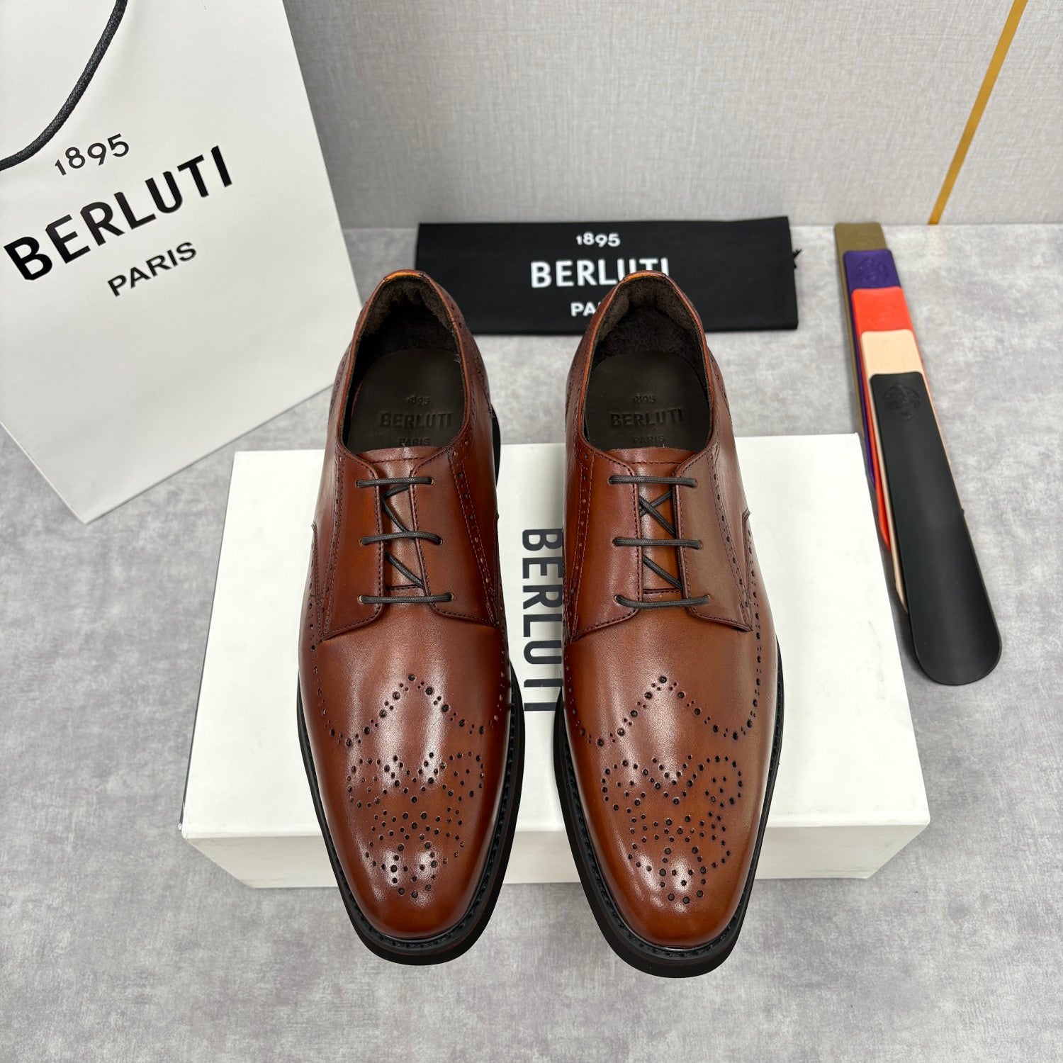 Berluti Alessio Natural Men's Spring/Fall Fashion Classic Leather Brogue Oxford Shoes with Thick Rubber Sole Calfskin Derby Shoes #78573