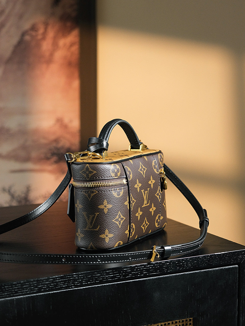 Louis Vuitton Vanity Chain Pouch Women's Brown Monogrammed Pendant Zipper Closure Calfskin Gloves Cosmetic Bag Bags #75134