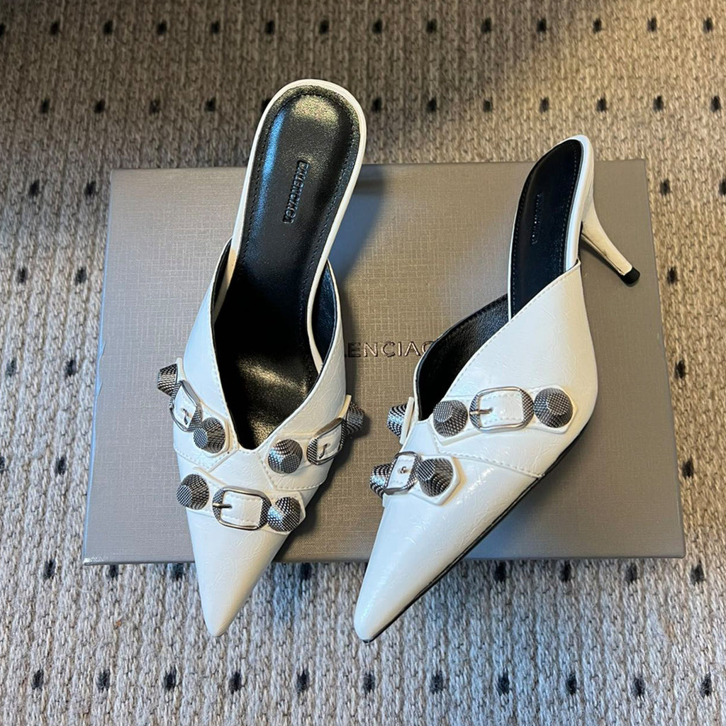 Balenciaga Cowhide Metal Buckle Rivets Pointed Toe Slippers Female External Wear High Heel Half Slippers Fine Heel 8.5cm Ngvp #1594