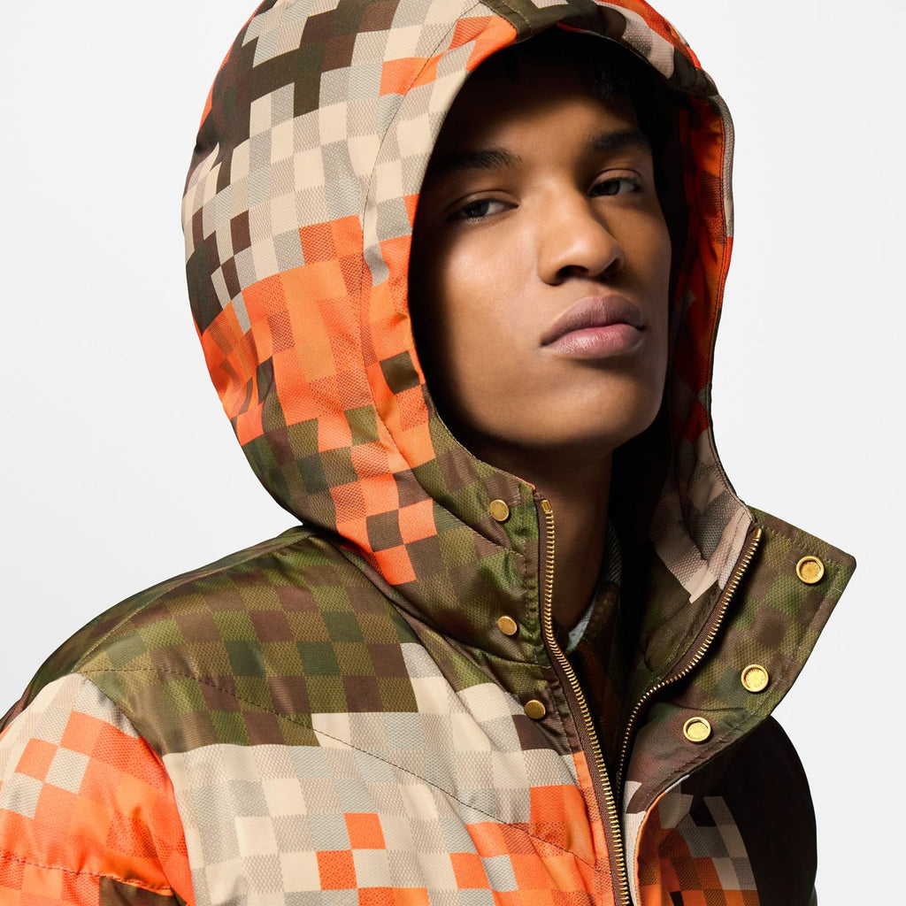 Louis Vuitton Men's Autumn And Winter Checkerboard Check Print Long Sleeve Loose Hooded Puffer Down Jacket Ngvp #9393