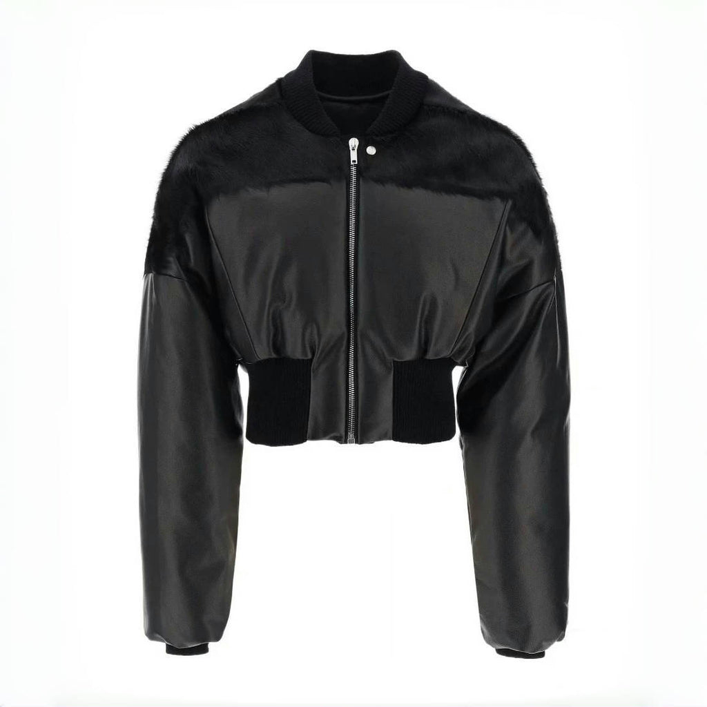 Rick Owens Men's Autumn And Winter Fur Splicing Leather Down Jacket Dark Style Fashion High Street Hip Hop Zip Short Jacket  Ngvp #9825