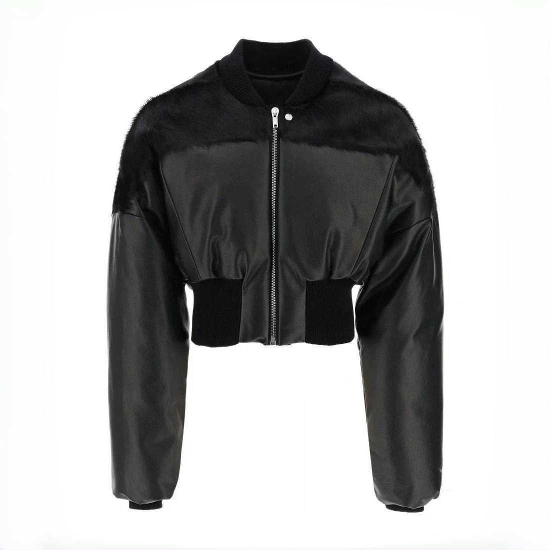 Rick Owens Men's Autumn And Winter Fur Splicing Leather Down Jacket Dark Style Fashion High Street Hip Hop Zip Short Jacket  Ngvp #9825
