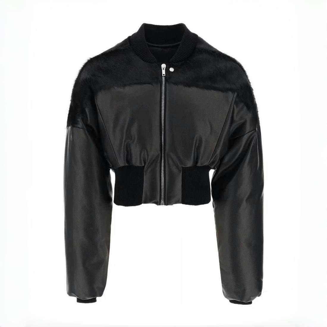 Rick Owens Men's Autumn And Winter Fur Splicing Leather Down Jacket Dark Style Fashion High Street Hip Hop Zip Short Jacket  Ngvp #9825