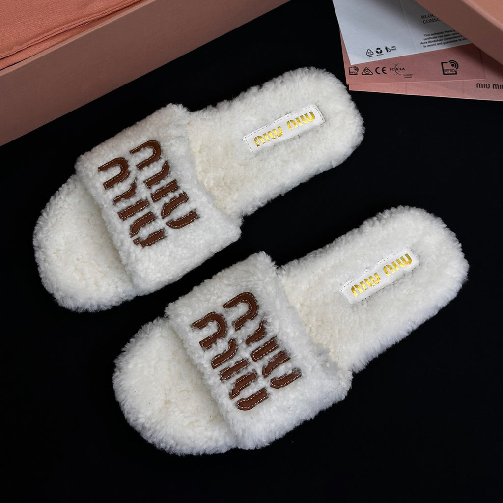 MiuMiu Women's Fall/winter Fashion Casual Round Toe Open Toe Flat Soled Shearling Slippers Shoes#78477