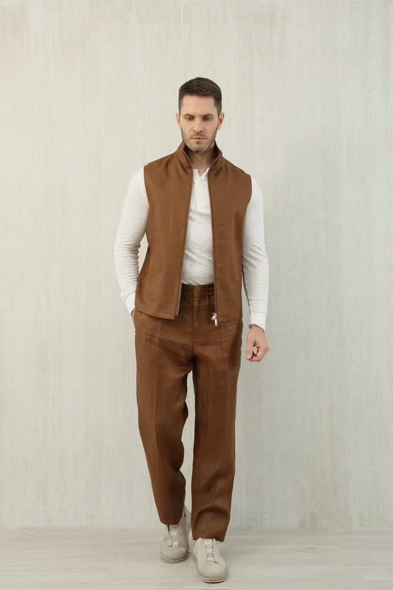 Ermenegildo Zegna Men's Spring And Autumn Solid Color Standing Collar Zipper Fit Sleeveless Vest Jacket Ngvp #1168