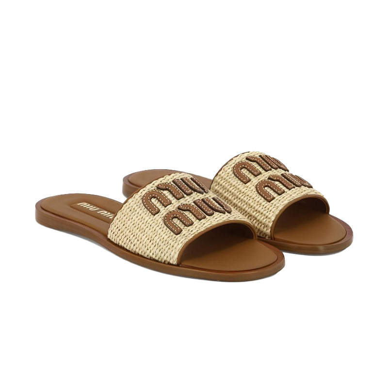 MiuMiu Women's Spring/Summer/Fall Logo Raffia Woven Leather Flat Sandals Casual Slippers Shoes #81553