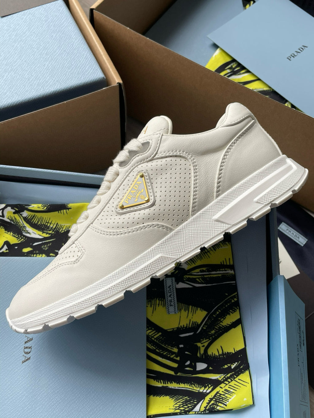 Prada Men's And Women's Spring/Summer Fashion Casual Round Toe Lace Up Enamel Triangle Metal Logo Leather Low Top Casual Sneakers  Shoes #78337