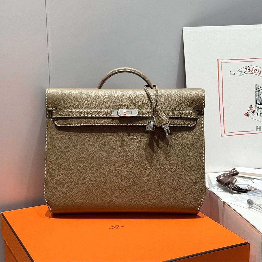 Hermes Men's and Women's Classic Solid Color Leather Business Bag with Silver Buckle  Handbag Laptop Case Bag Bags #78611