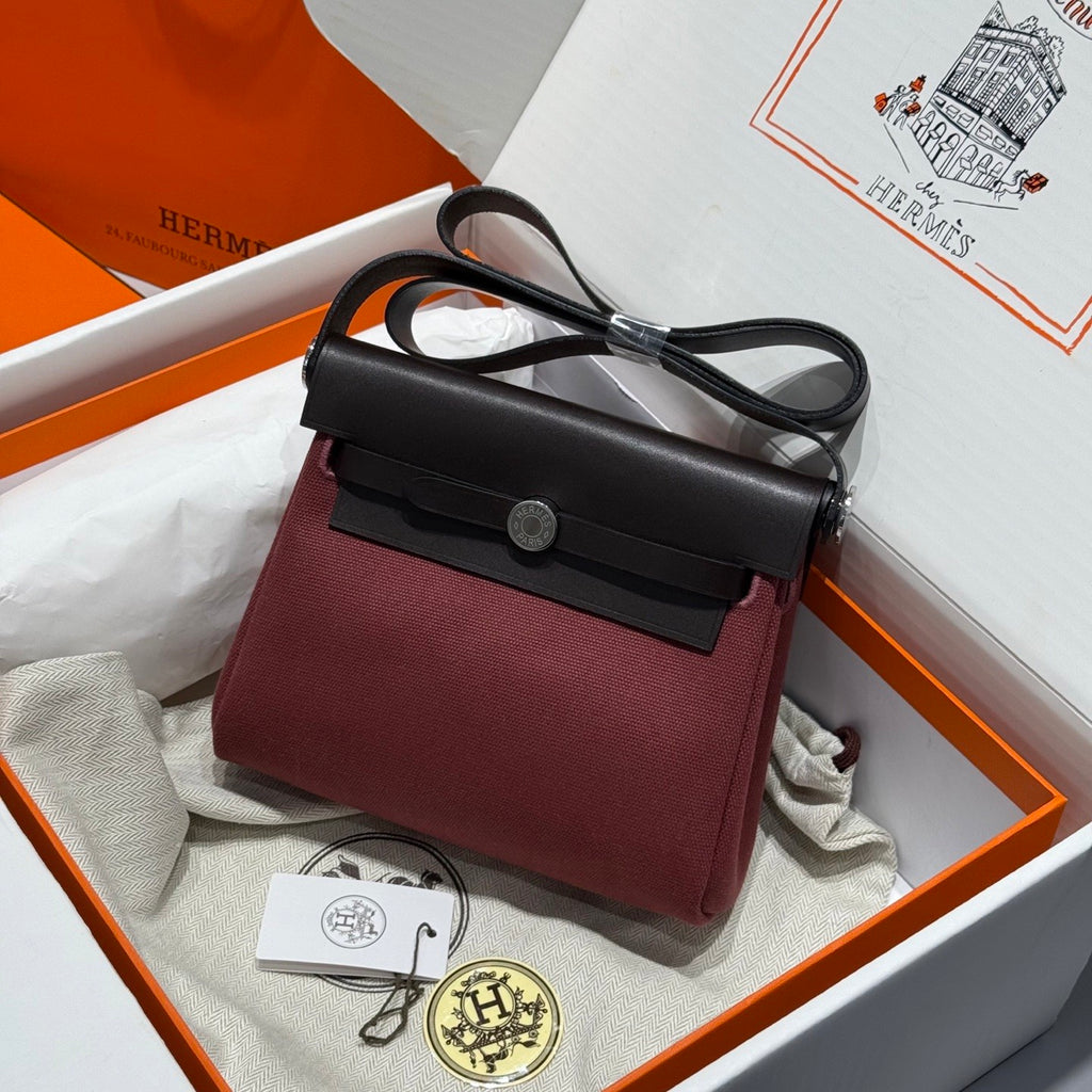 Hermes H -Mini Herbag Women's Color Blocking Metal Buckle Canvas and Cowhide Handbag Shoulder Satchel Bag Bags #76411