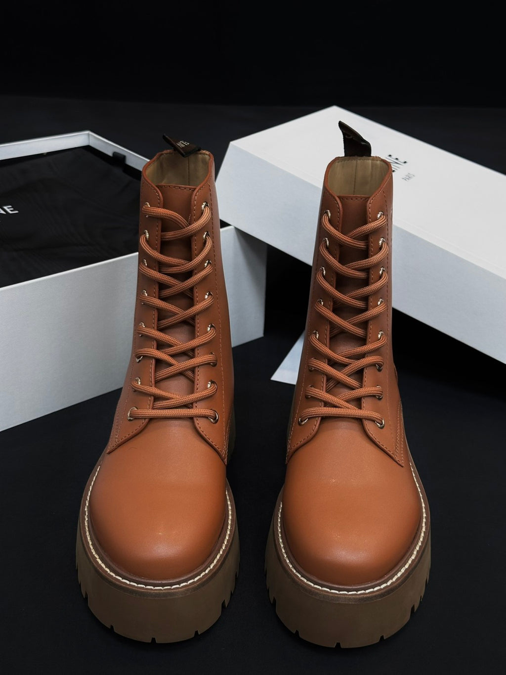Celine Women's Spring/Fall Fashion Classic Nylon Glossy Leather Lace Up Thick Sole Martin Boots Short Boots Shoes #78277