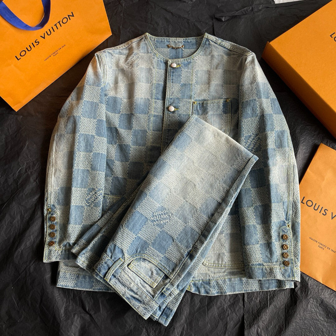 Louis Vuitton Men's Spring And Fall Fashion Plaid Denim Suit Gradient Wash Vintage Round Neck Jacket Casual Flared Pants Set #99297