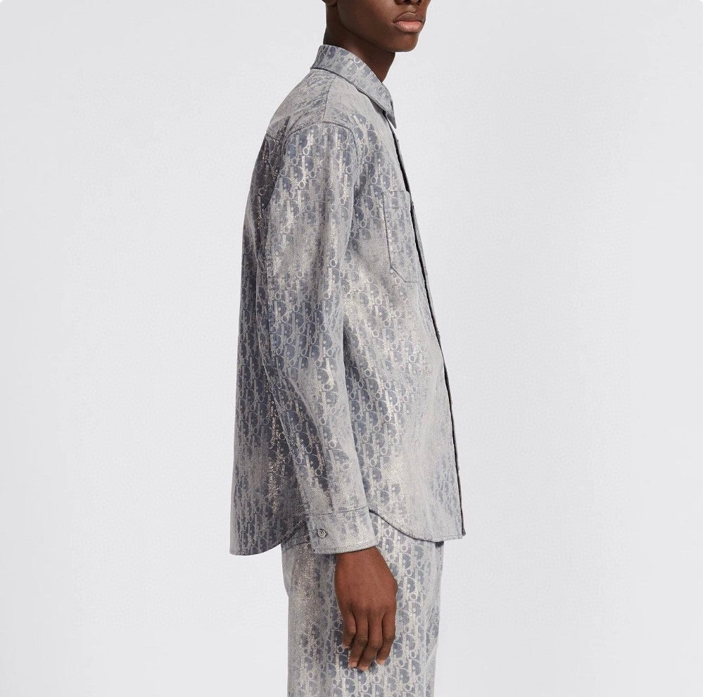 Dior Men's Autumn And Winter Grey Logo Full Print Old Single-Breasted Long-Sleeved Shirt #72813