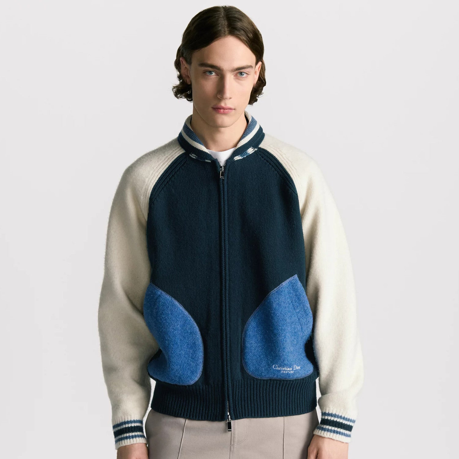 Dior Men's Spring/Fall Vintage College-Style Color-Block Wool Sweater with Floral Embroidery Plain-Knit Long-Sleeve Oversized Cardigan #81595