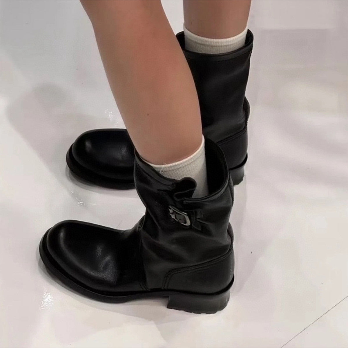 Prada Women's Fall And Winter Western Super Cool Independent Style Calf Boots Leather Buckle Fashion Trend Casual Mid-calf Knight Boots Shoes Ngvp #2258
