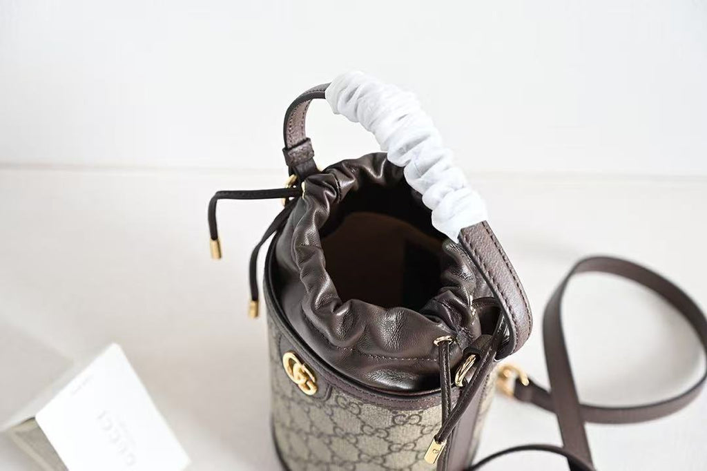 Gucci Ophidia Women's Brown Adjustable Shoulder Strap Drawstring Closure Canvas Spell Leather Bucket Bag Single Shoulder Crossbody Handbag Bags #75549
