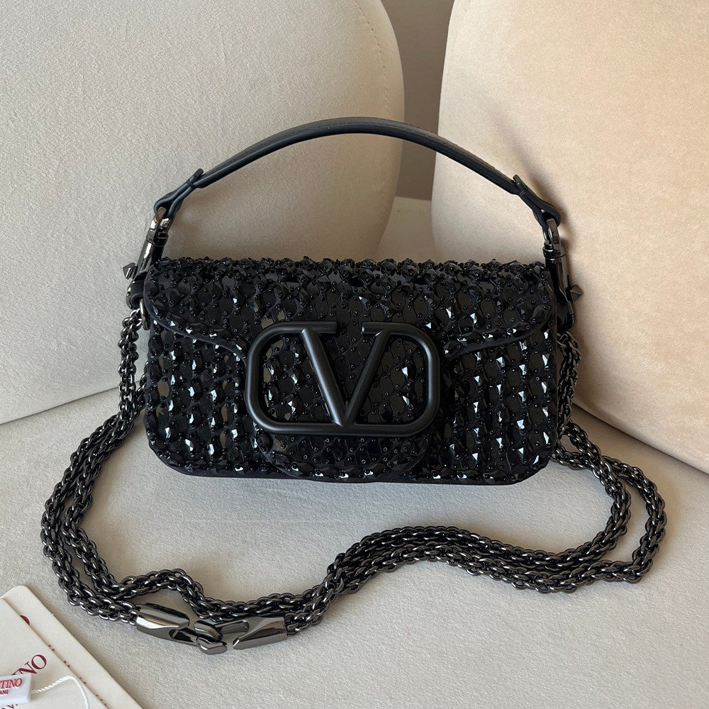 Valentino Women's Garavani Mini Loco 3d Embroidered Handbag With Swarovski Crystal Accents Vlogo Signature Magnetic Clasp Clutch With Chain Strap Bag Bags #196169