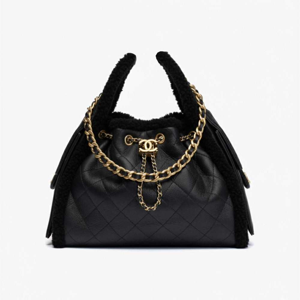 Chanel 25C Fall/Winter Catwalk Series Brand Logo Sheepskin Tote White Black Lattice Pattern Leather Through Chain Canvas Crossbody Shoulder Bag