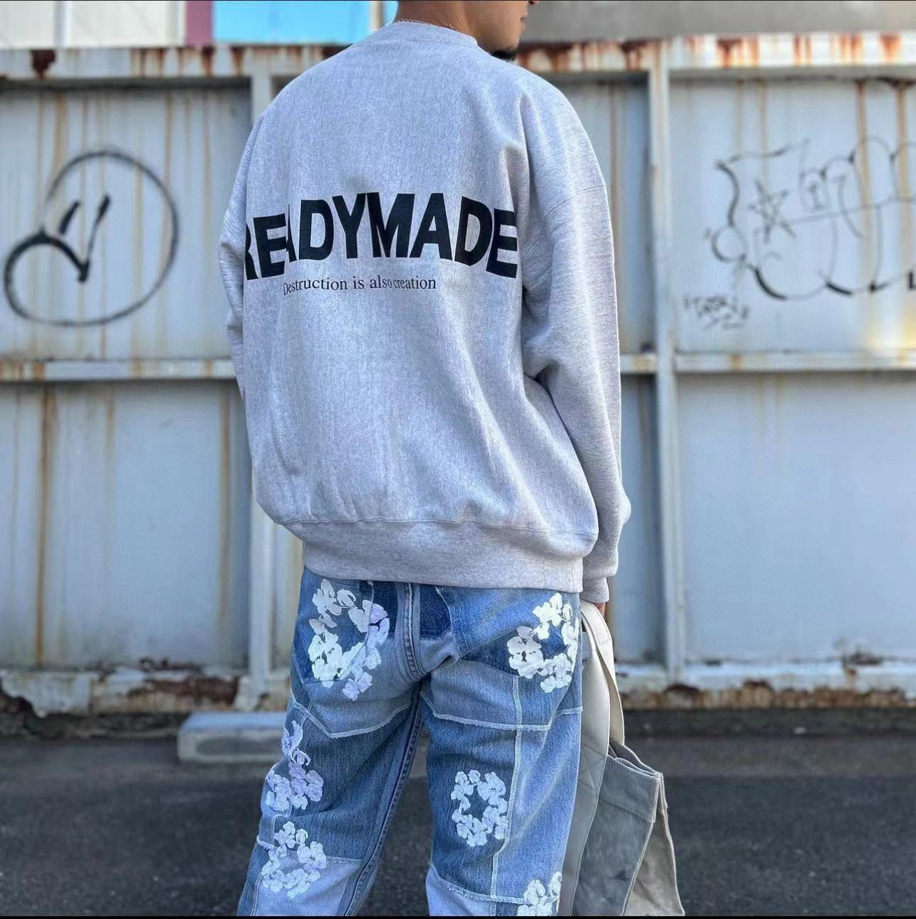 Denim Tears x Readymade Men's Women's Washed And Aged Floral Embroidery Patchwork Fitted Wide Leg Blue Denim Pants Ngvp #8138