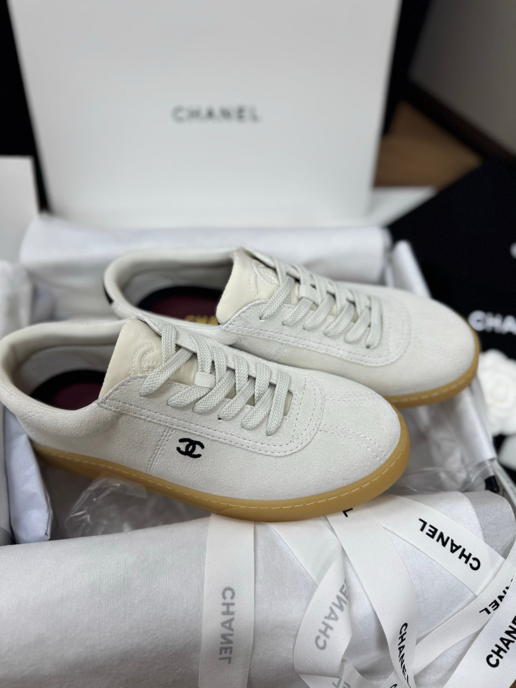 CHANEL Sneakers Suede Calfskin Calfskin White Black #381214