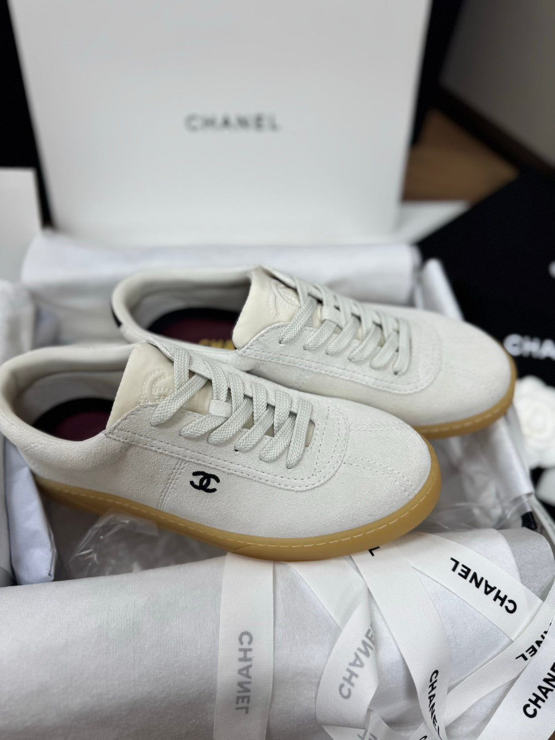 CHANEL Sneakers Suede Calfskin Calfskin White Black #381214