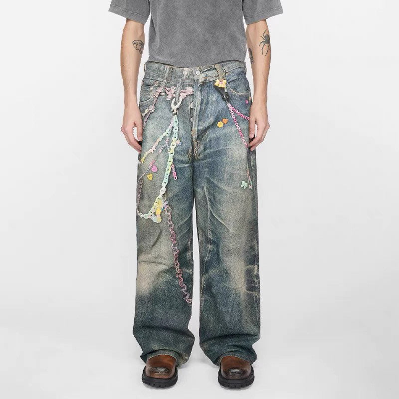Acne Studios Men's Women's Four Seasons Chain Printed Loose Low Waist Solid Color Baggy Fit  Leg Denim Pants Ngvp #1386