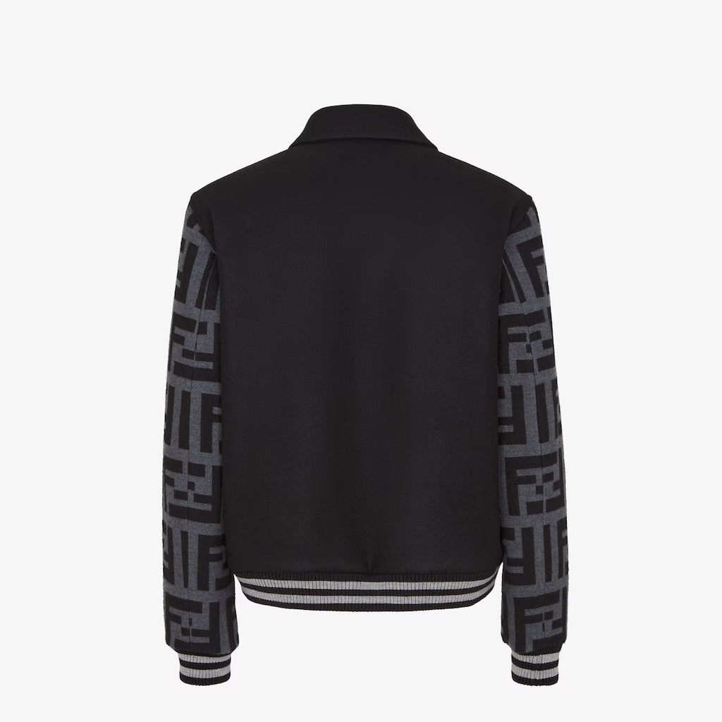 Fendi Men's Autumn/Winter Turn-Down Collar Single-Breasted Printed Long-Sleeved Baseball Jacket Black Wool Pilot Jacket #81496