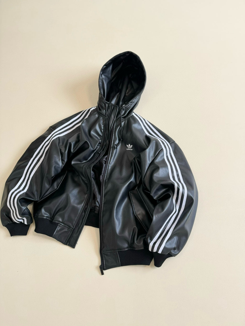 Adidas Originals Men's And Women's Spring And Fall Models Three Stripes Color Blocking Loose Sports Hooded Leather Jacket #98641