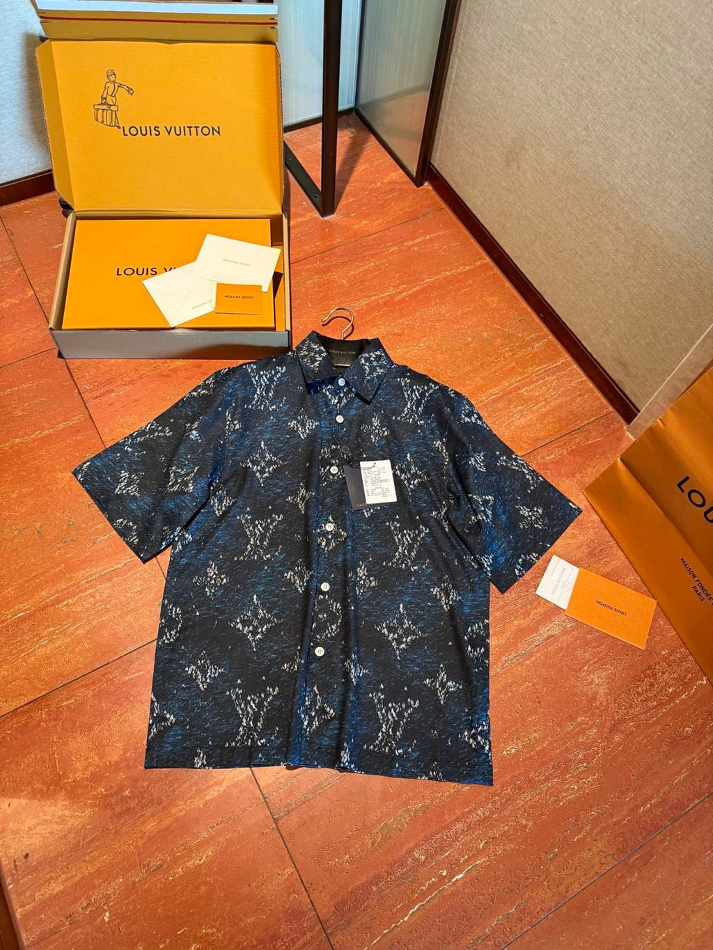 Louis Vuitton Men's Summer Logo Print Single Breasted Silk Short Sleeved Shirt And Casual Drawstring Shorts Suit Set #76997