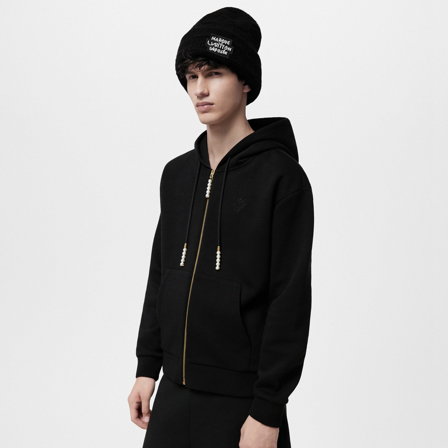 Louis Vuitton Men's Spring and Fall Pearl Pendant Black Embroidery Knit Zipper Hooded Jacket #98798