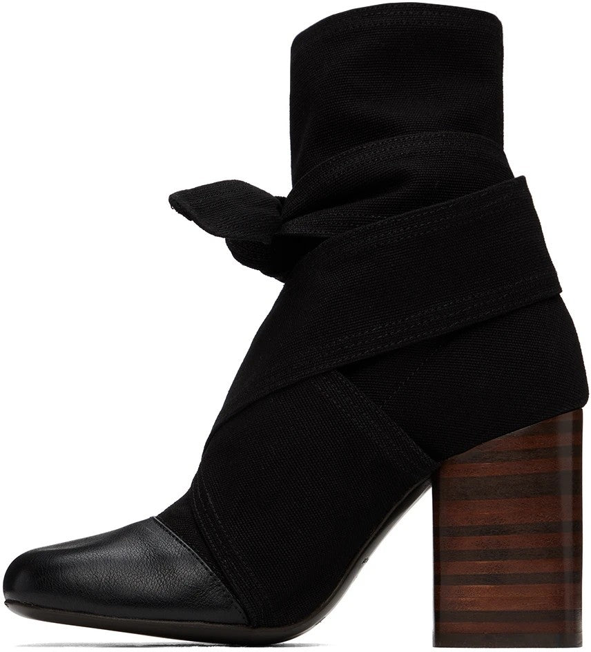Lemaire Women's Canvas Leather High-Heeled Short Boots. Spring And Autumn Solid Color Bow Round Toe Lace-Up Thick Heel Casual Shoes Ngvp #2147