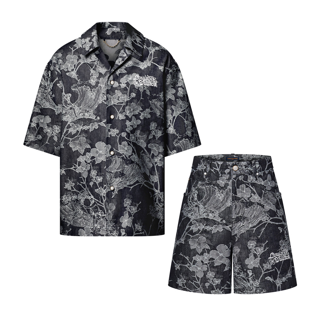 Louis Vuitton Men's Summer Botanical Print Full Print Lapel Single Breasted Short Sleeve Shirt Button Down Shorts Suit Set #99966