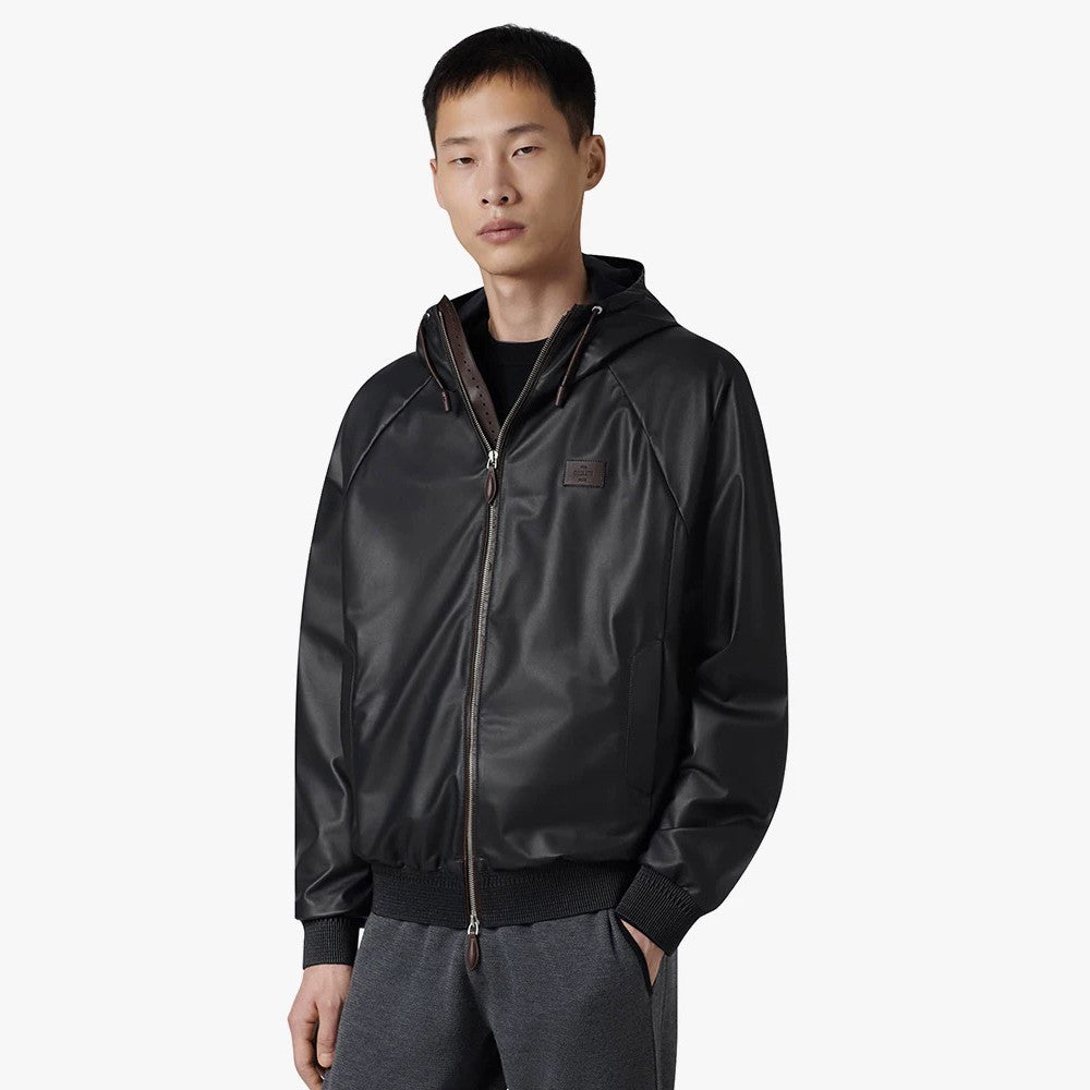 Berluti Men's Spring/autumn Fashion Casual Solid Color Zipper Leather Hooded Long Sleeve Jacket #78367