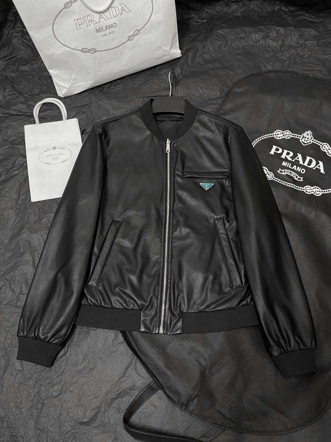 Prada Men's Fall/Winter Fashion Classic Solid Color Leather Crew Neck Zip Up Reversible Leather Plain Weave Jacket #79345