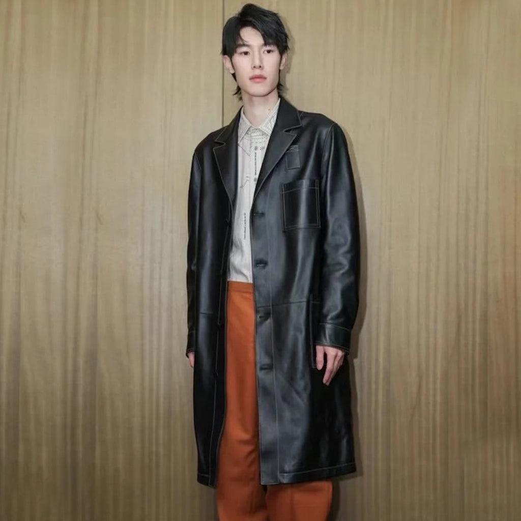 Fendi Men's Fall And Winter Black Long Sheepskin Jacket Fashion Bright Line Retro Single-breasted Luxury Leisure Jacket Coat Ngvp #8948