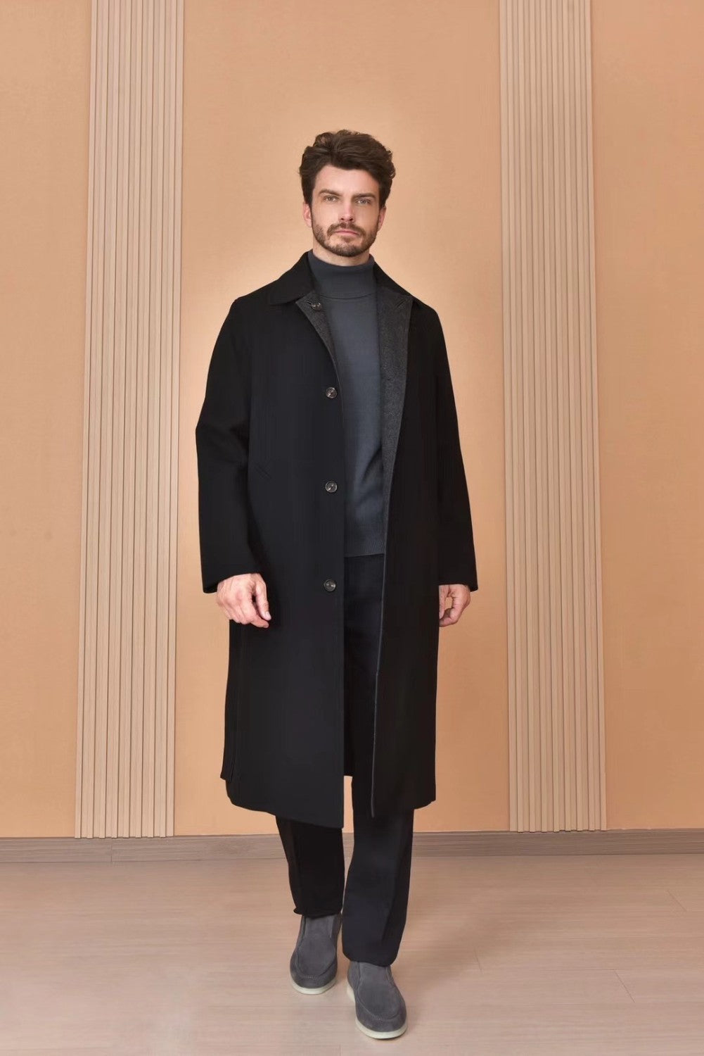 Loro Piana Men's Reversible Double-Faced Coat with Belt. Single-Button Lapel. Long Fit Jacket Ngvp #2336