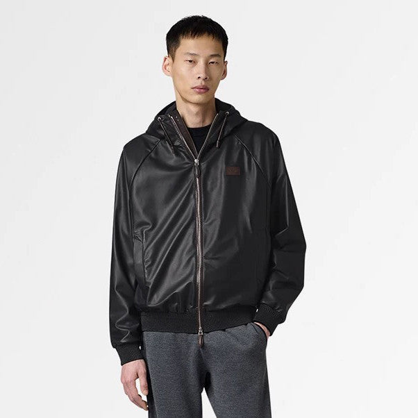Berluti Men's Spring/autumn Fashion Casual Solid Color Zipper Leather Hooded Long Sleeve Jacket #78367
