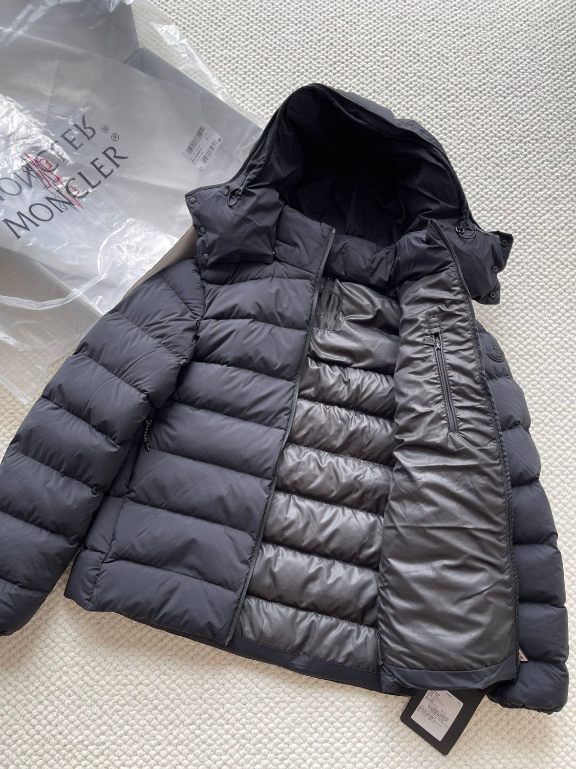 Moncler Men's Winter Black Letters Logo Print Zipper Hooded Short Puffer Down Long Sleeve Jacket #73745