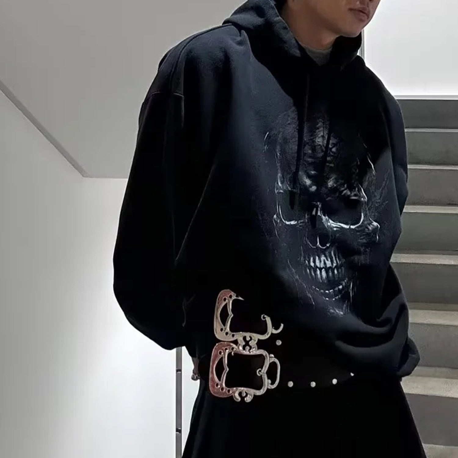 Vetements Men's High Street Skull Print Punk Hip Hop Black Sweatshirt Spring Autumn Fashion Casual Hooded Drawstring Sweatshirt Top Ngvp #9862