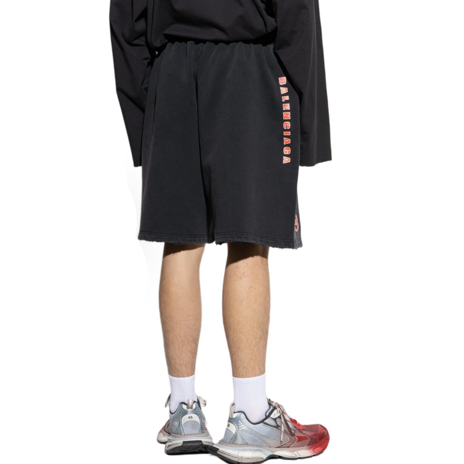 Balenciaga Men's Summer Sponsor Logos Faded Washed Black Silhouette T-shirt Straight Drawstring Casual Shorts Suit Set #81248