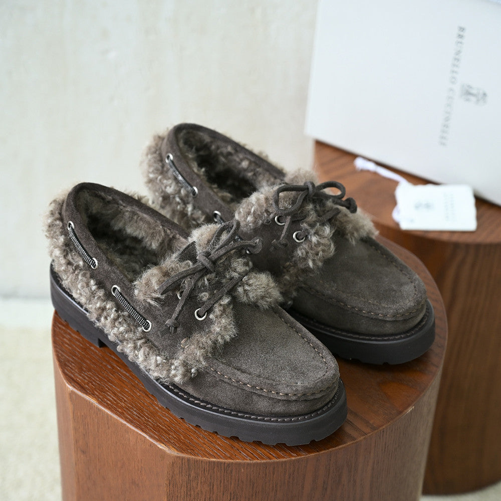 Brunello Cucinelli Bead Embellished Shearling Trimmed Suede Loafers #333658