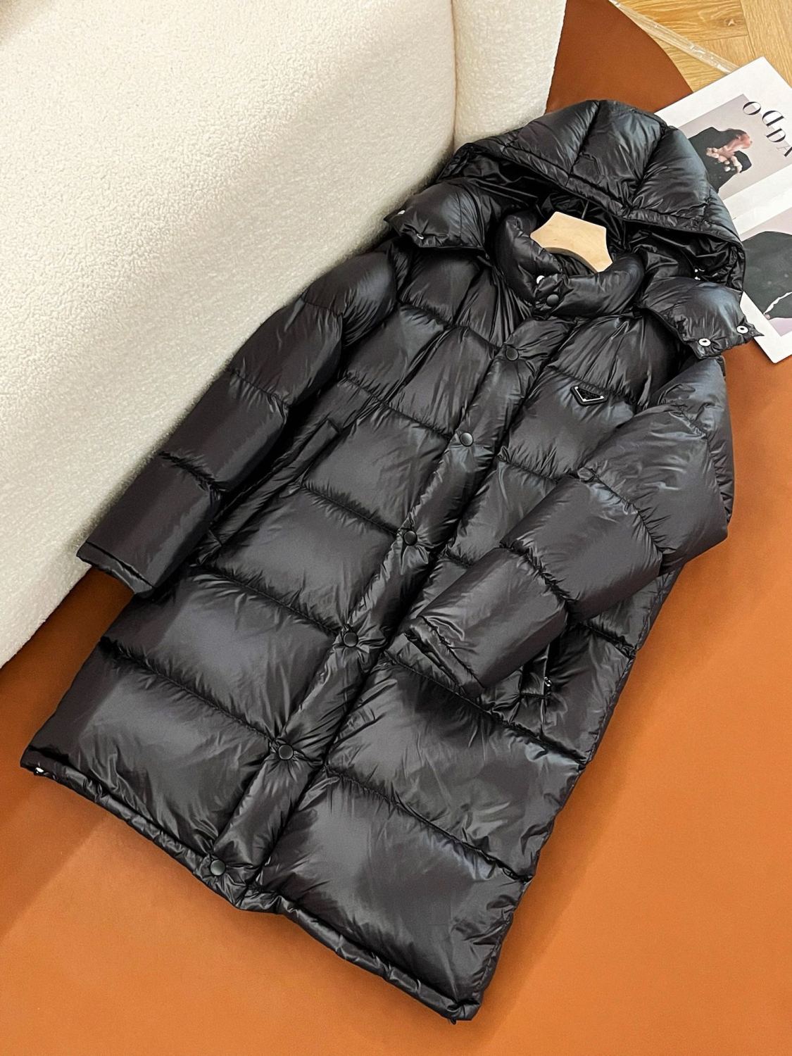 Prada Men's And Women's Autumn And Winter Solid Color Quilted Fluffy Medium Length Hooded Puffer Down Jacket #74389