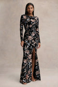 Lyric | Black Floral Velvet And Sequin Embellished Crew-Neck Maxi Dress