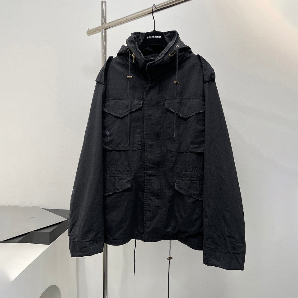 Balenciaga Men's Spring And Autumn Multi-Pocket Zipper Cotton Solid Color Loose Hooded Coat Jacket Ngvp #8687