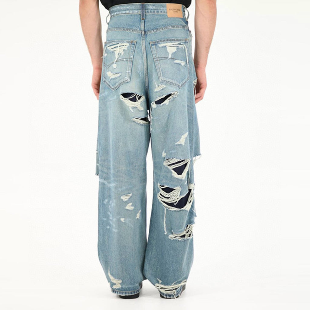 Balenciaga Men's Women's Four Seasons Fashion Destroyed Denim Trousers Blue Double Layer Casual Fit Straight Jeans Pants Ngvp #8933