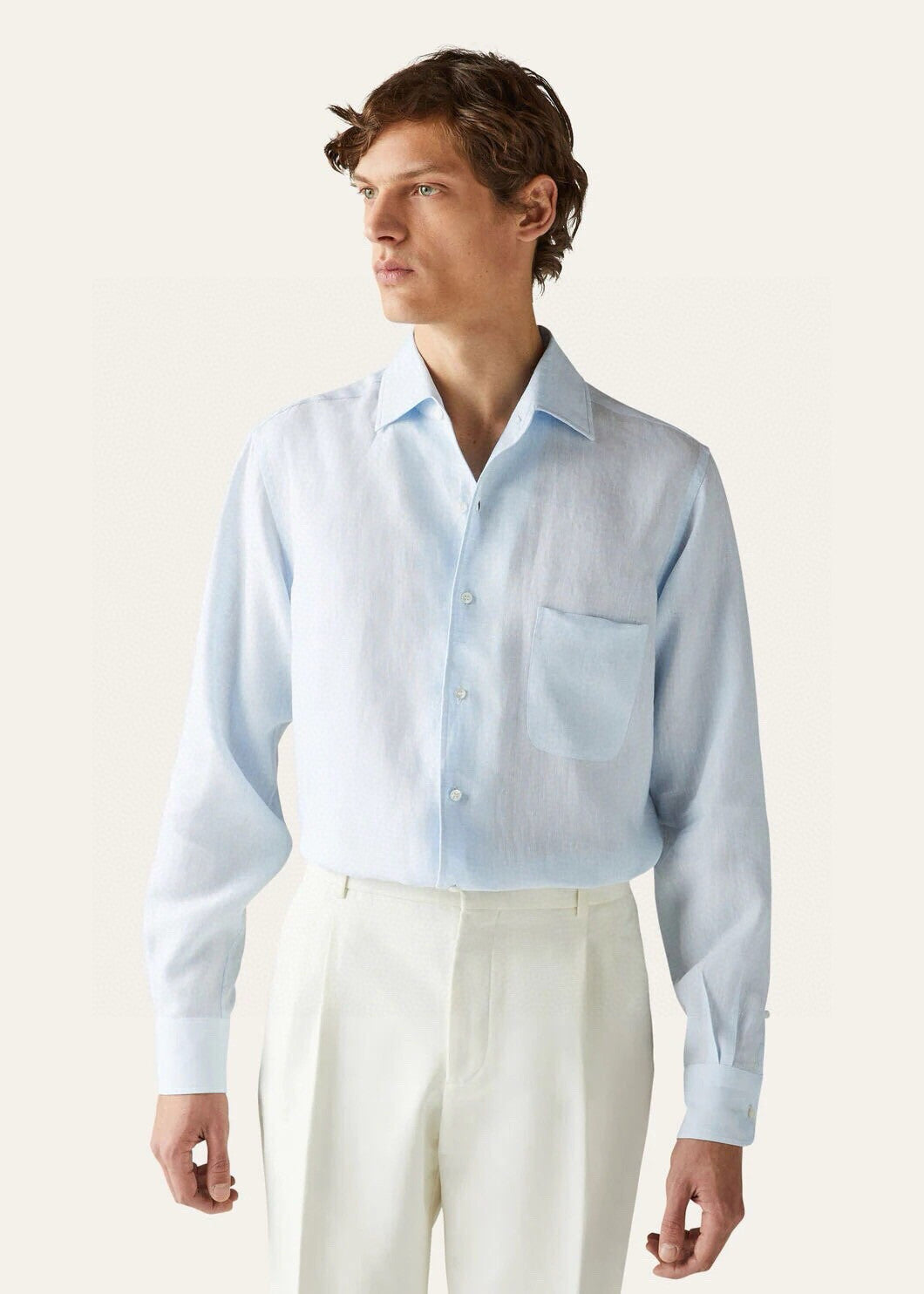 Loro Piana Men's Spring/Fall Fashion Classic Solid-Color Collared Single-Button Linen Shirt #78636