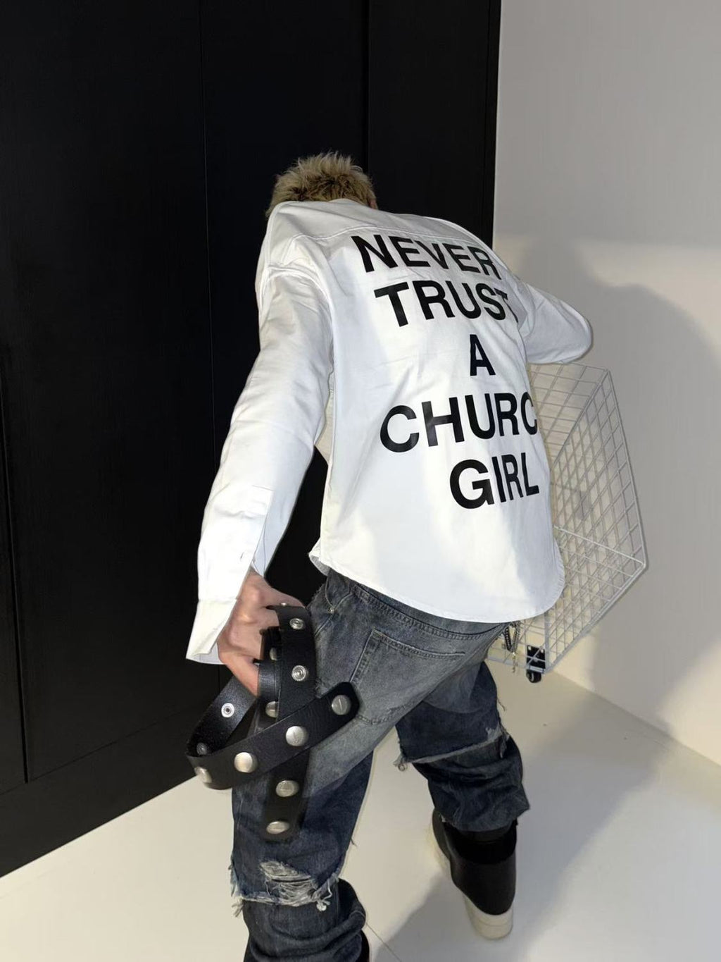 HOOD BY AIR Religious Girl Print White Casual Loose Os Shirt High Street Trend Comfortable Casual Lapel Single Breasted Shirt Top Ngvp #1126